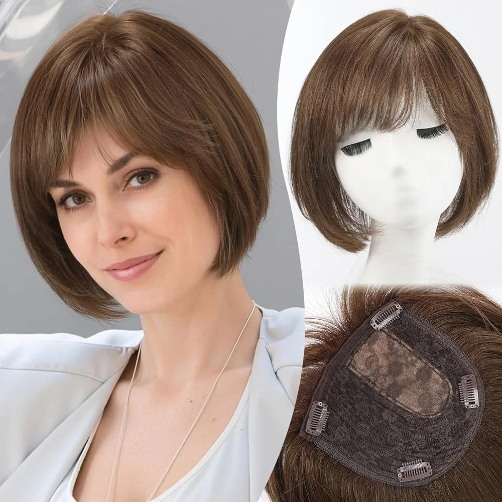 Silver Gray Remy Human Hair Topper With Bangs For Women