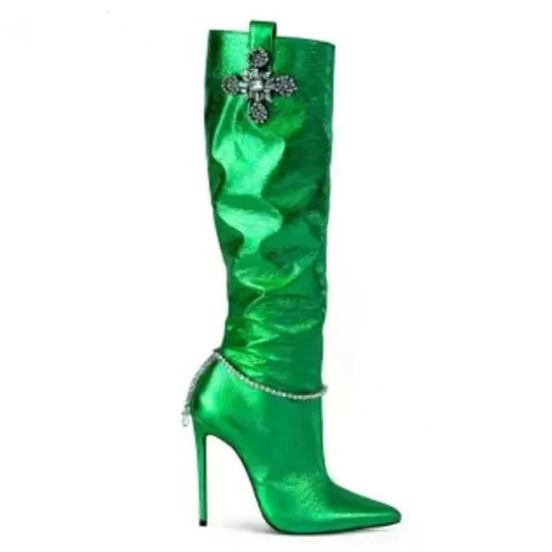 Bright Shining Women Deign Pointed Toe High Heel Knee Boots Crystal Beading High Heel Women Pointy Knee High Boots Plus Size