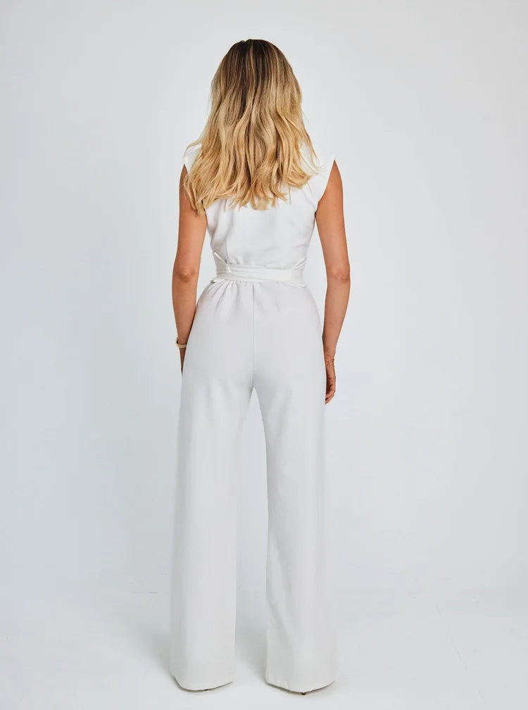 Spring New Women's Long Jumpsuit Elegant V-neck with High Waist Belt Straight Wide for Jumpsuit Holiday Style Casual  Jumpsuit