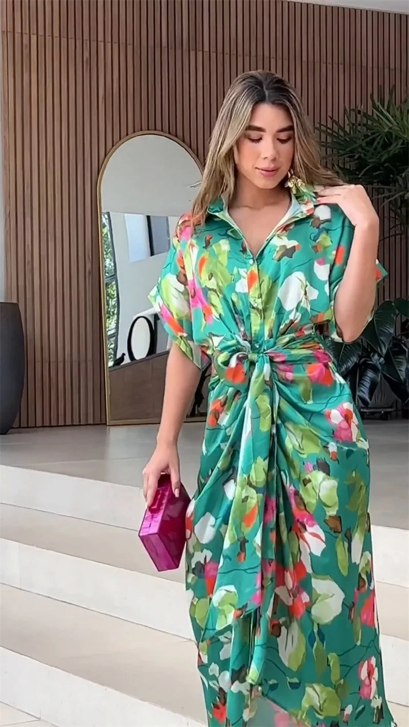 Printed Button Front Ankle Length Shirt Dress with Belt for Women