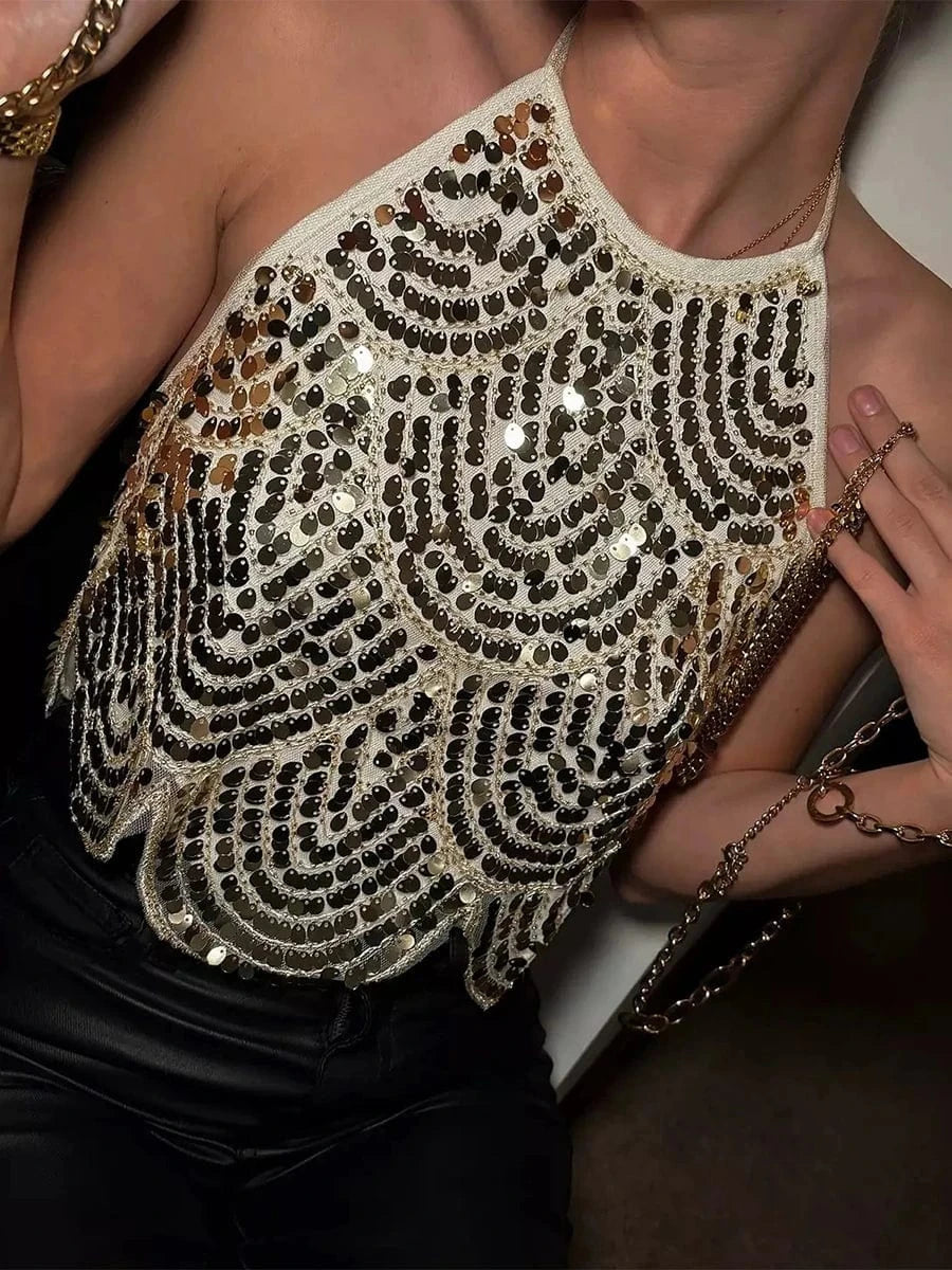 hirigin Womens Halter Sequin Tank Top Backless Tie Up Sexy Sparkly Crop Top Sleeveless Glitter Party Tops Sexy Clubwear