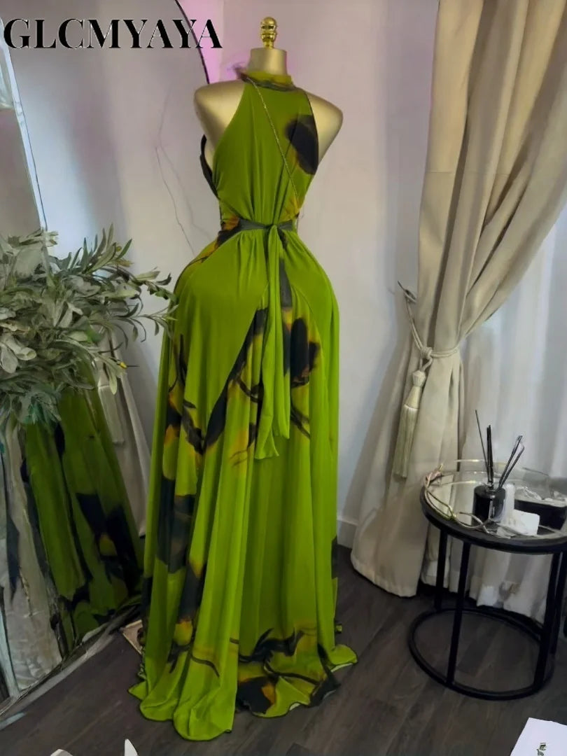 Elegant Printed Sleeveless With Sashes Maxi Dress for Women