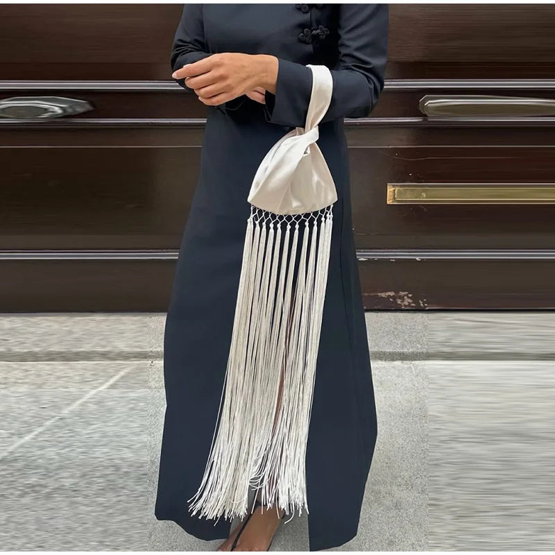 Chic Fringe Tassel Satin Waist Bag With Flowing Strap for Women