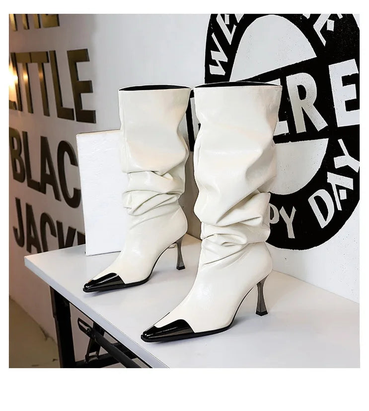 Pointed Pleated Knee Stiletto Boots