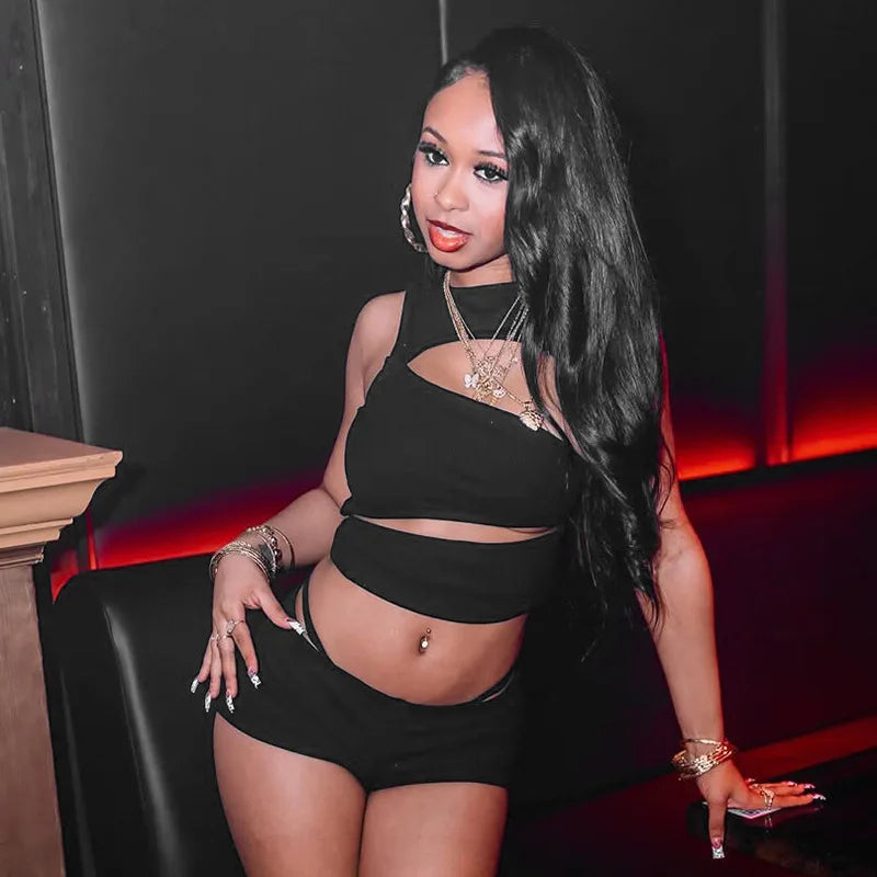 Hollow-Out Patchwork Crop Top and Shorts Set for Women