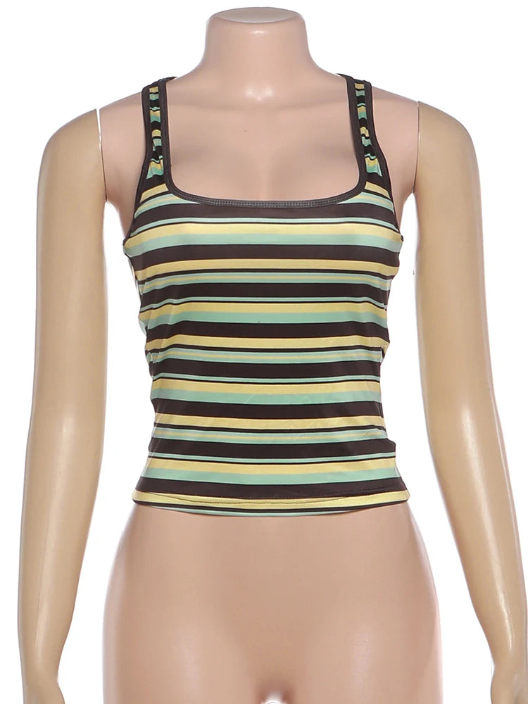 Striped Patchwork Stretch Backless Tank Top for Women