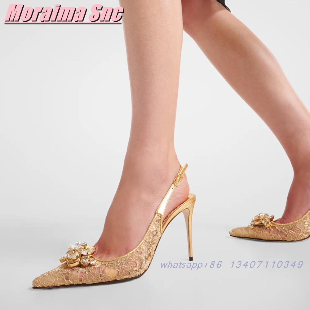 Elegant Crystal Lace Pointed Toe Slingback Sandals for Women