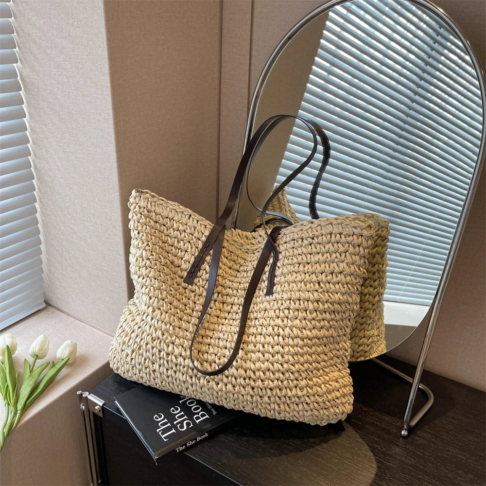 Large Capacity Straw Woven Shoulder Tote Bag for Women