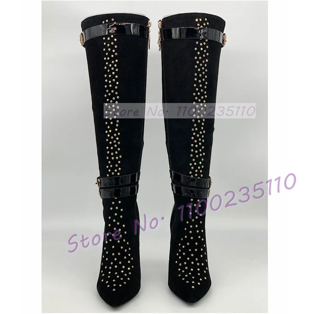 Crystal Embellished Pointed Toe Knee High Boots For Women