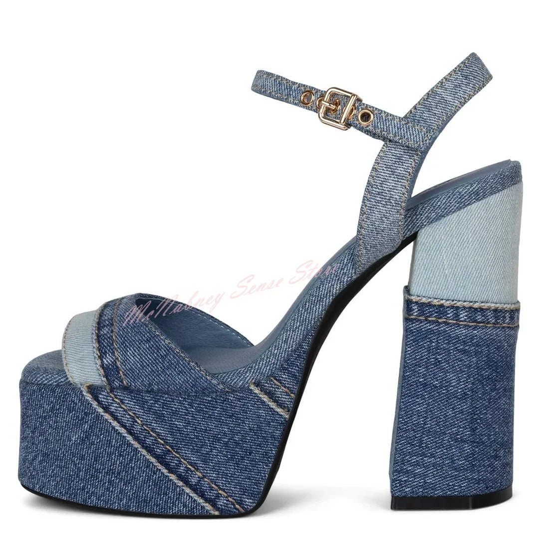Denim Patchwork Open Toe Square Heel Platform Sandals For Women