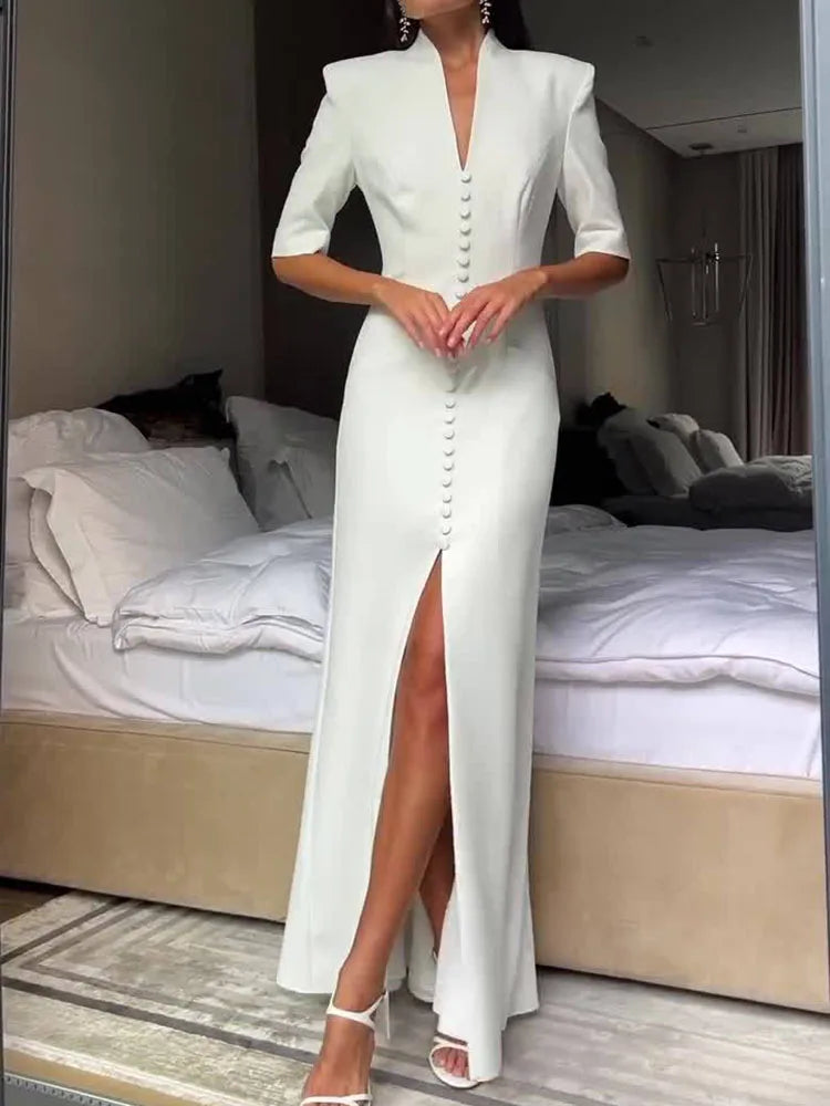 New Fashion Evening Gowns White Elegant Skinny Split Dress Woman Stand Collar Short Sleeve Single Breasted Shoulder Pad Vestidos
