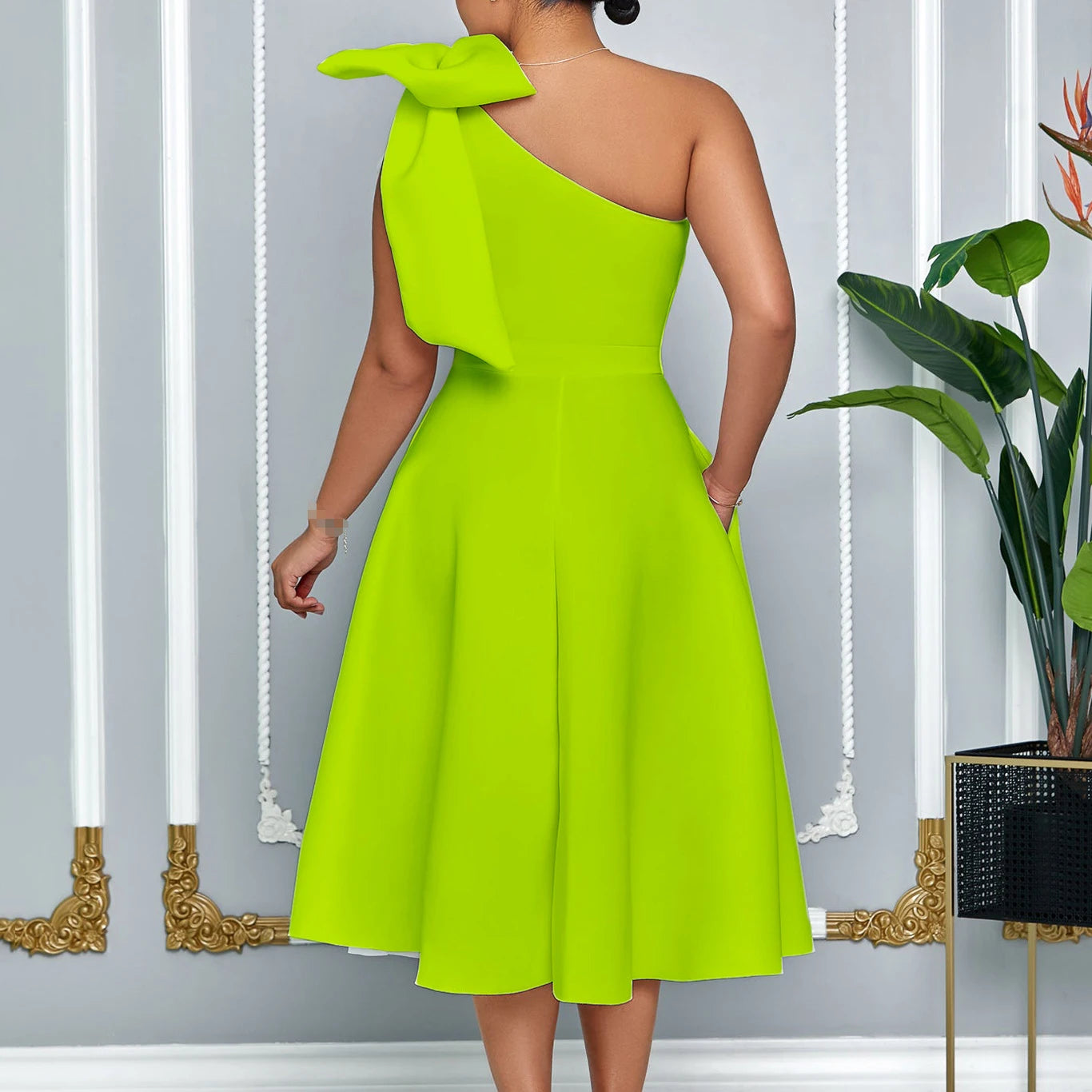 Dress One Shoulder A Line Pleated Knee Length Sleeveless Bow Belt Elegant Party Style