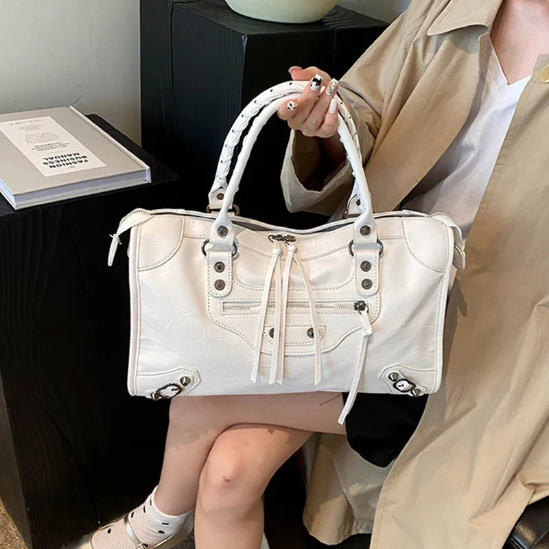 Rivet Embellished Faux Leather Tote Bag