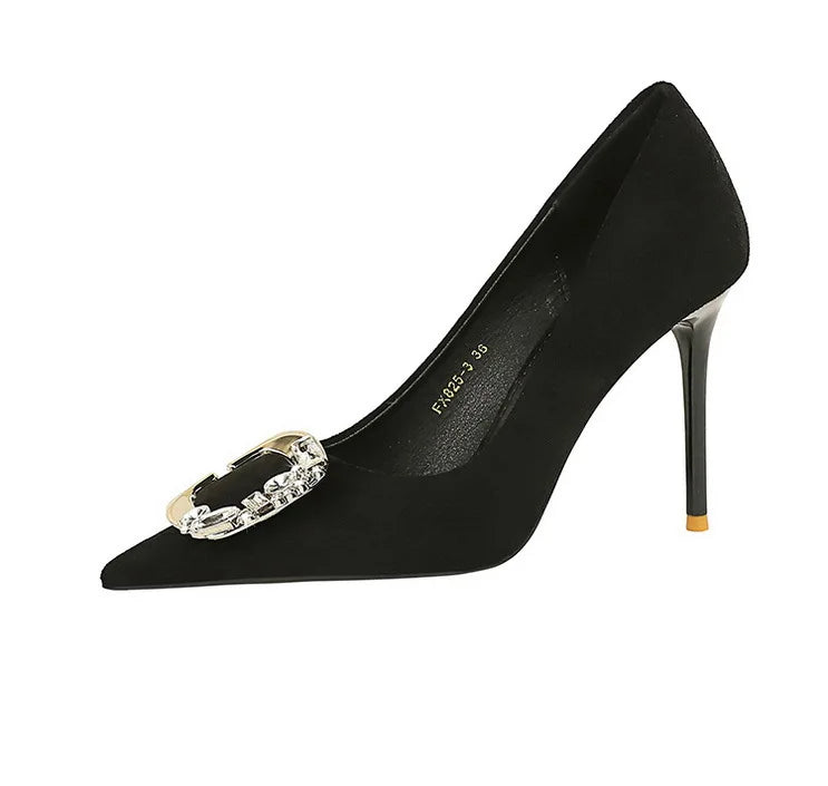 Elegant Rhinestone Buckle Suede High Heel Pumps for Women
