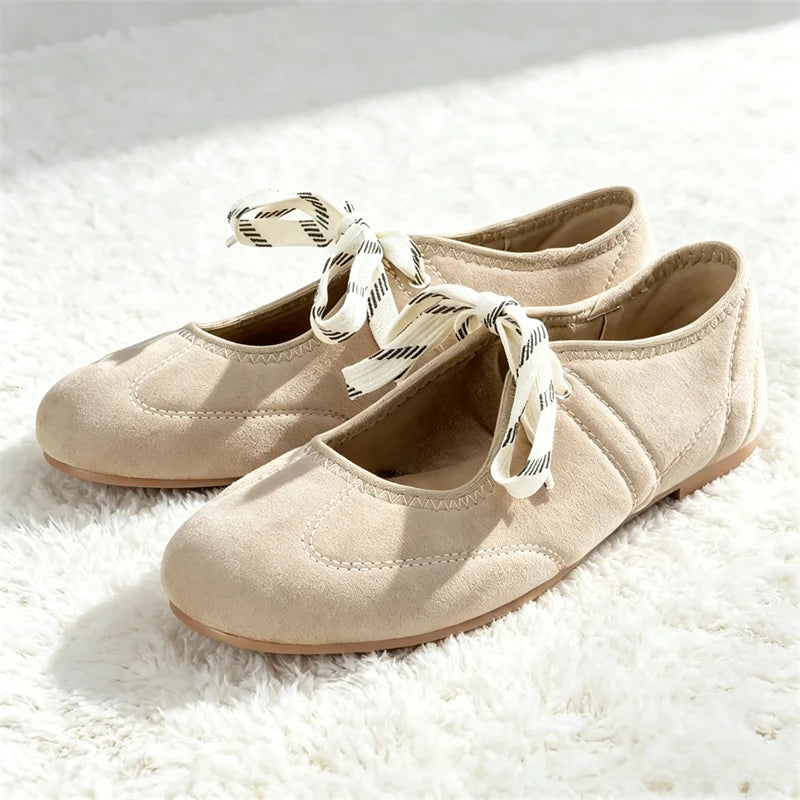 Lace Up Faux Suede Mary Jane Ballet Flats for Women