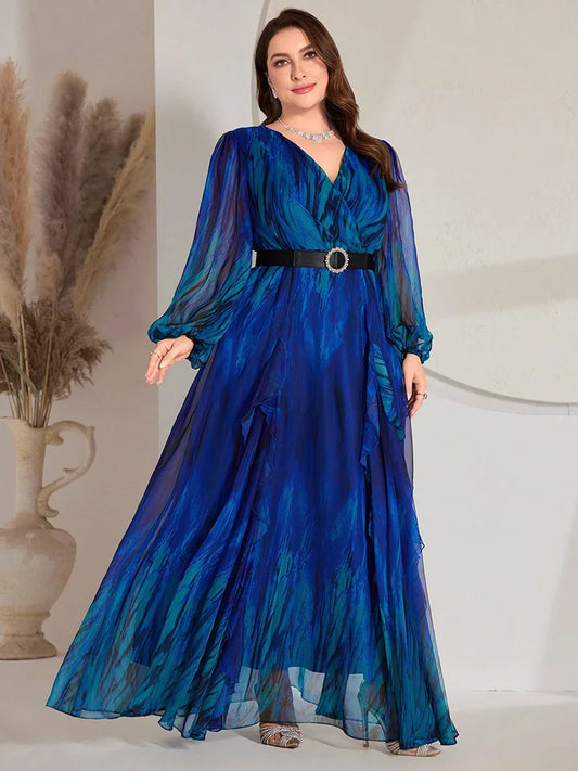 TOLEEN 2024 New Luxury Elegant Plus Size Women Maxi Dresses Ombre Lantern Sleeve V-Neck Arabia Long Dress, For Summer Vocation