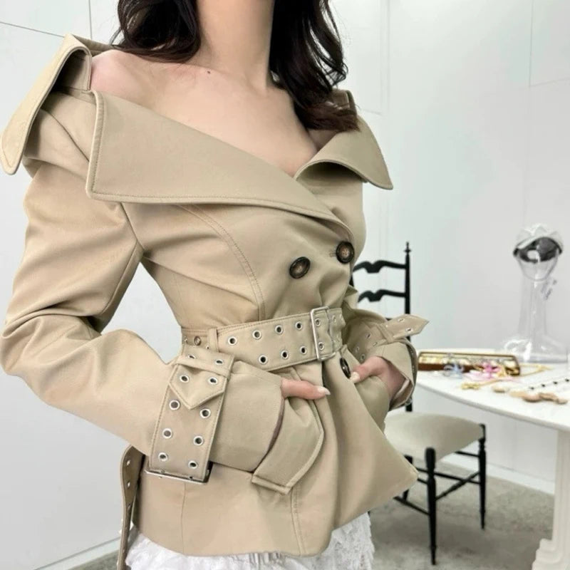 KUCLUT Fashion Elegant Versatile Large Lapel Waist Double-Breasted Short Trench Coat For Women Wrapped Hip Skirts Female 1A800