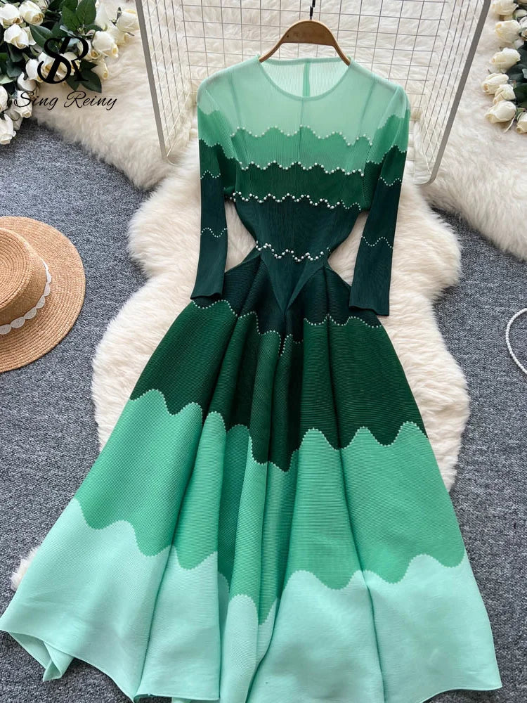 Wave Print Long Sleeve Ankle Length Evening Dress for Women