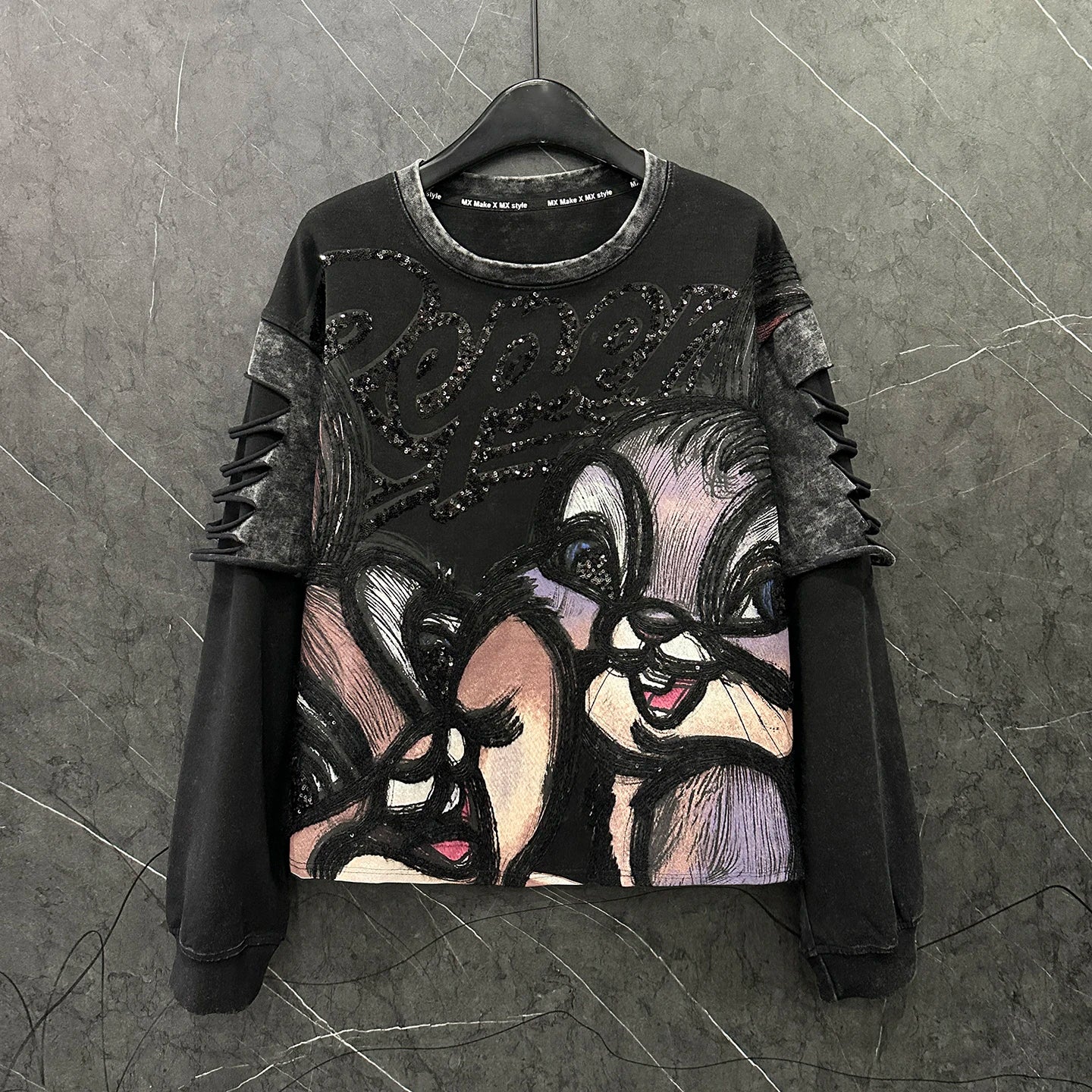 Heavy Industry New Cartoon Distressed Fake Two-Piece Crew Neck Sweatshirt Loose Casual Versatile Top Autumn Long Sleeves Hoodies