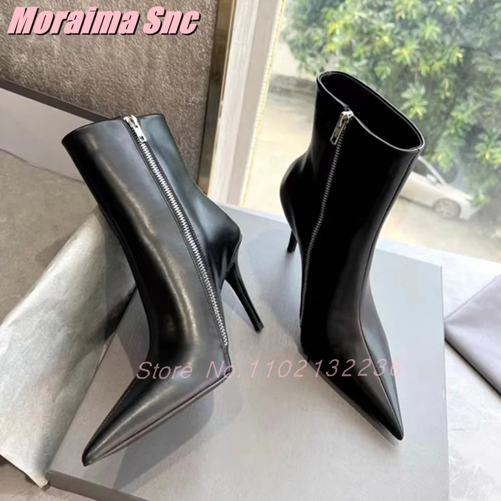 Black Pointed Toe Stiletto Heel Side Zipper Ankle Boots For Women