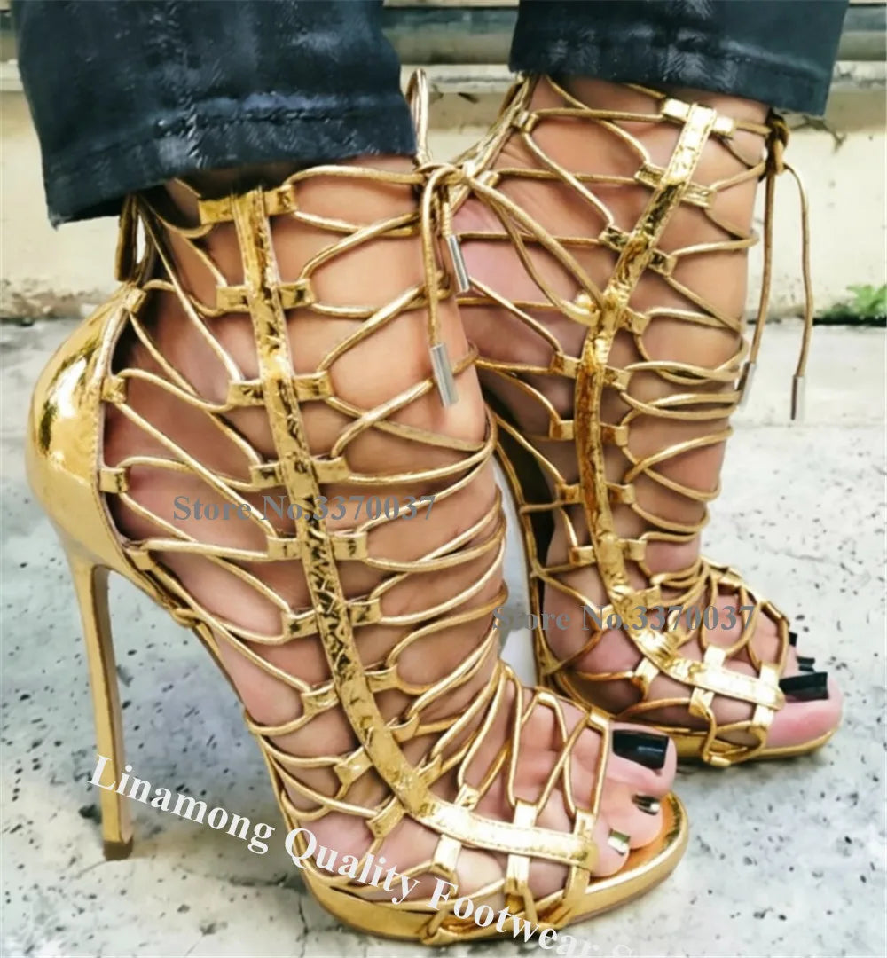 Brown Snakeskin Open Toe Cross Lace Up Stiletto Gladiator Sandals For Women
