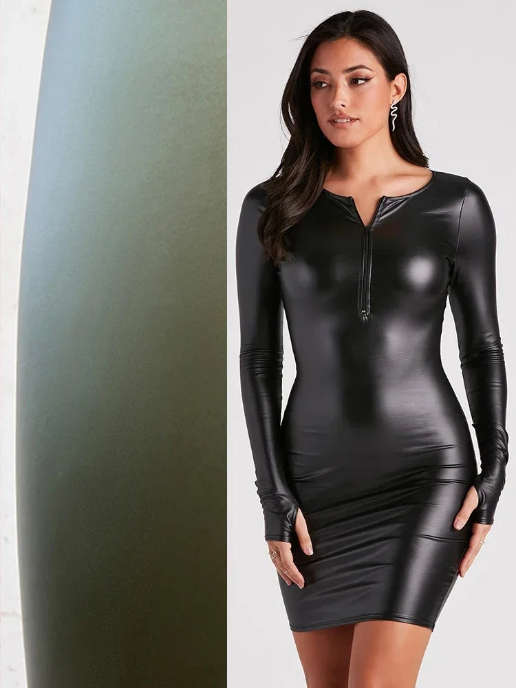 Women Matte Leather Long Sleeve Mini Pencil Dresses Ladies Elegant PU Bodycon Stretch Dress Female Sexy Slim Clothing Clubwear