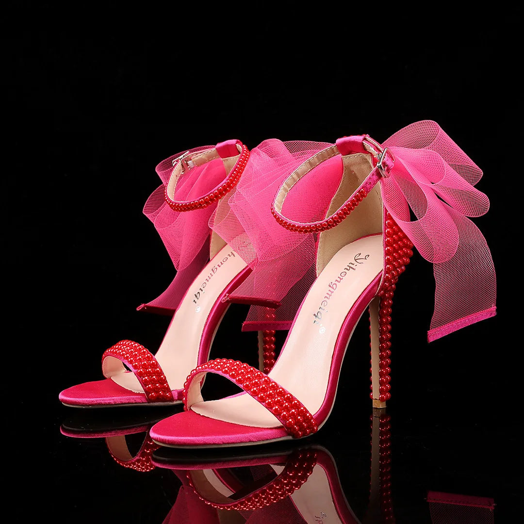 Elegant Pearl Beaded Mesh Bowknot Sandals for Women