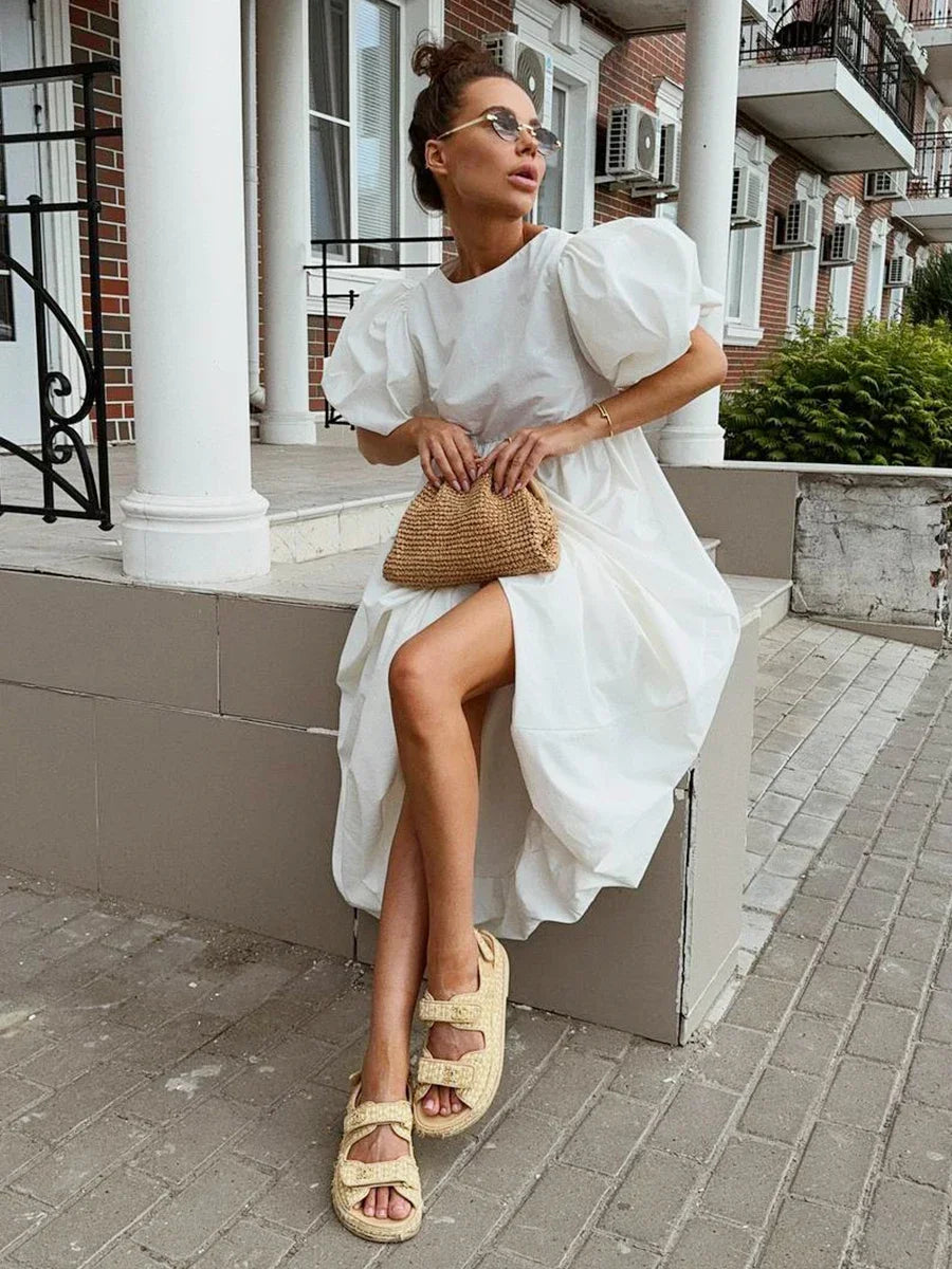 Oversized Cotton Bubble Sleeve Long Dress for Women