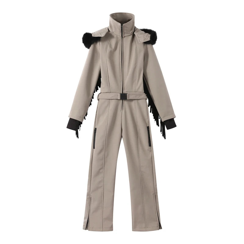 Tassel Red Slim Long Sleeve Stand Collar Wide Leg Jumpsuit for Women