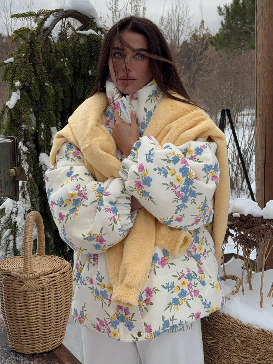 Floral Print Oversized Stand Collar Puffer Jacket For Women