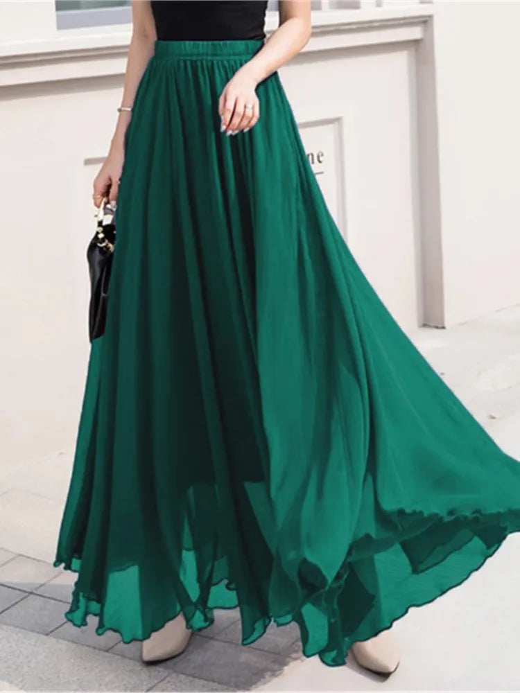 Elegant Solid Color Chiffon A-Line Skirt with High Waist for Women