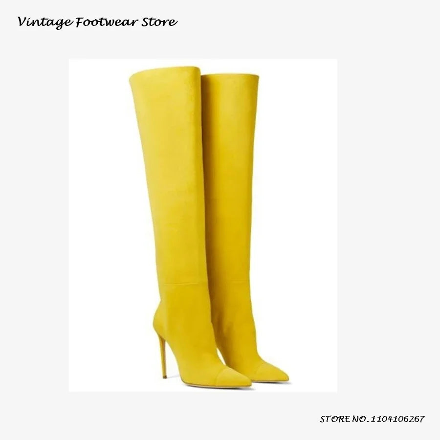 Yellow Suede Pointed Toe Knee-High Boots for Women