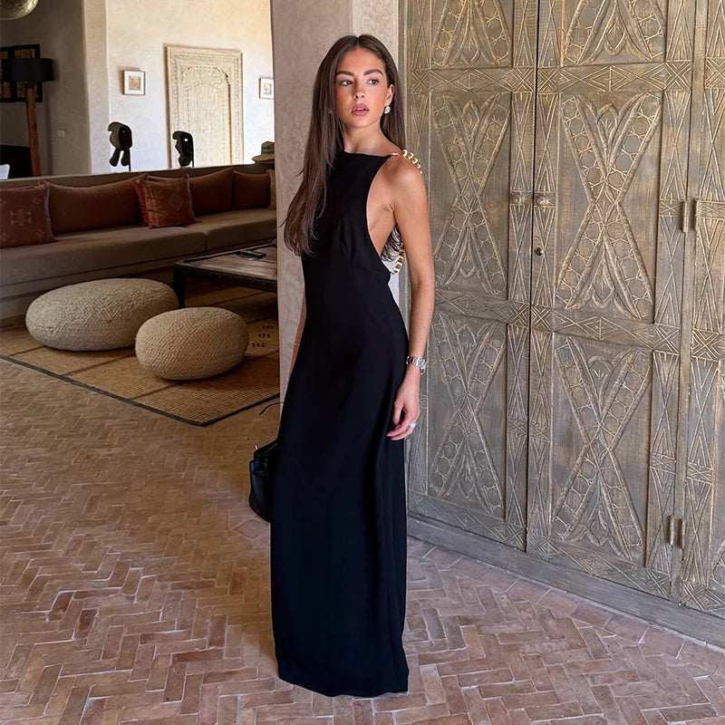 Black Beaded Backless Square Neck Sleeveless Summer Dress For Women