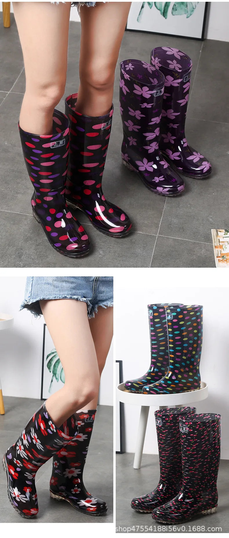Floral Printed Anti Slip Comfortable Rain Boots For Women