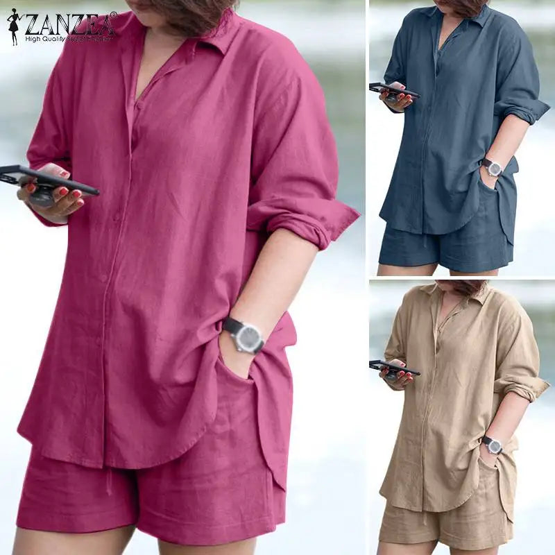 ZANZEA Woman Vintage Solid Matching Sets Spring Casual Street Suit Long Sleeve Lapel Shirt Loose Shorts Elegant Tracksuit