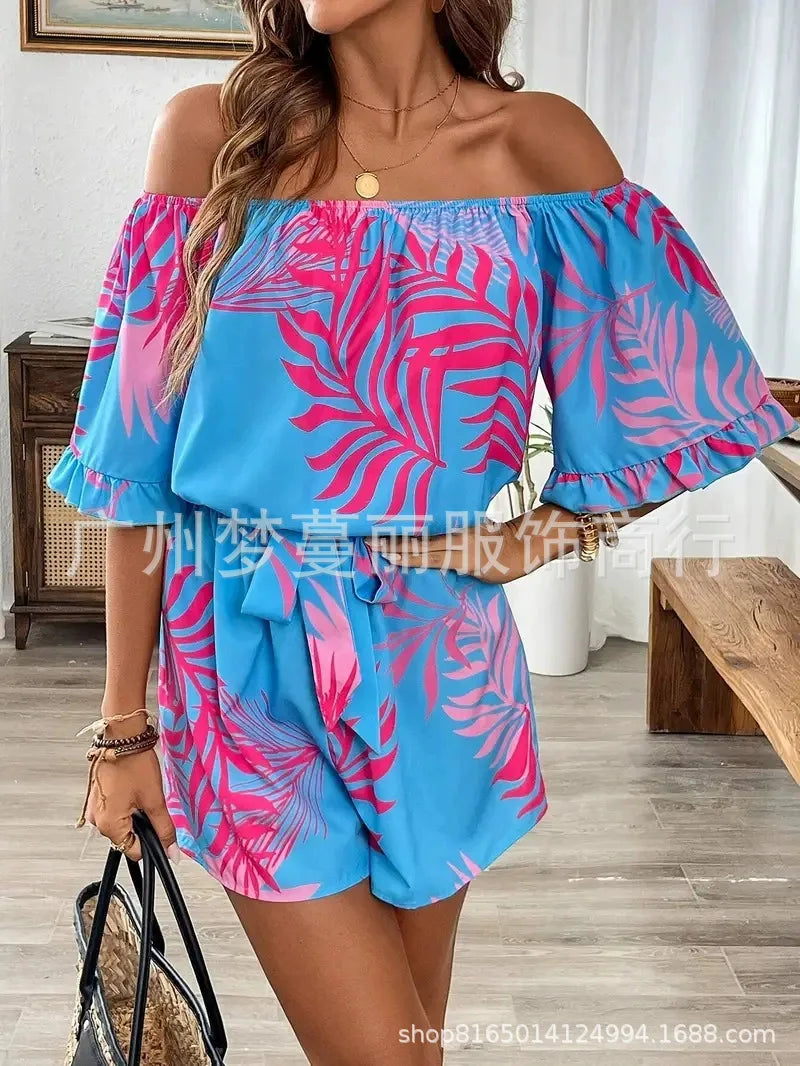 One-Shoulder Printed Short-Sleeve Lace-Up Waist Jumpsuit for Women