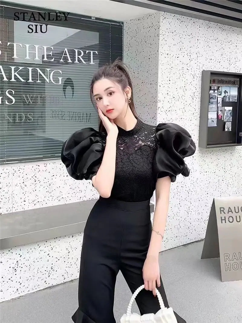 Korean V-Neck Bubble Sleeve Irregular Pleated Top for Women