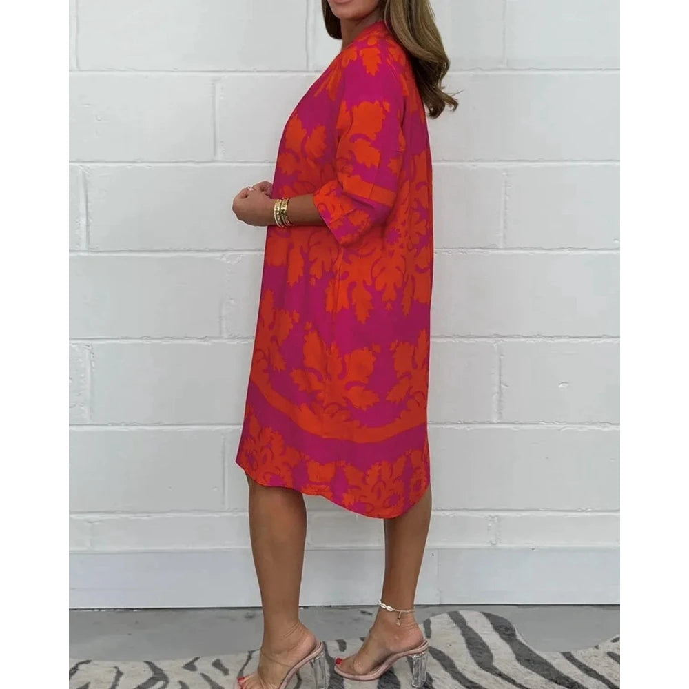 Summer Floral Dress for Women V Neck Three Quarter Sleeve A-Line Loose Midi Dress for Party Evening Gown Vestidos Elegantes
