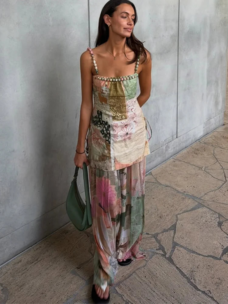 Long Printed Patchwork A-line Beaded Sleeveless Backless Dress for Women