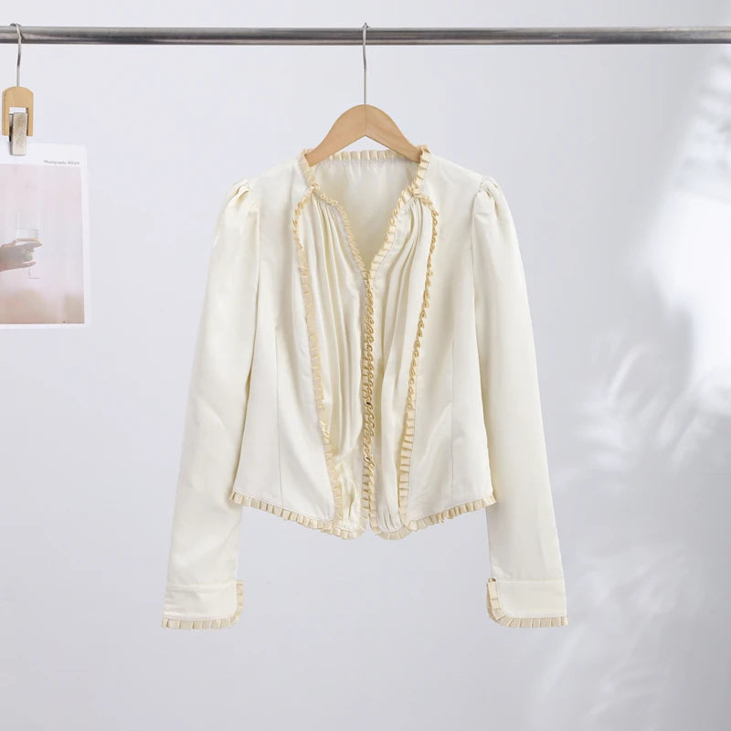 Chic Pleated Long Sleeve Button Detail Coat for Women
