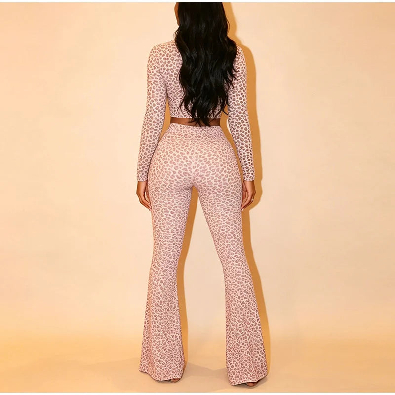 Leopard Print Stand Collar Casual Two Piece Set For Women