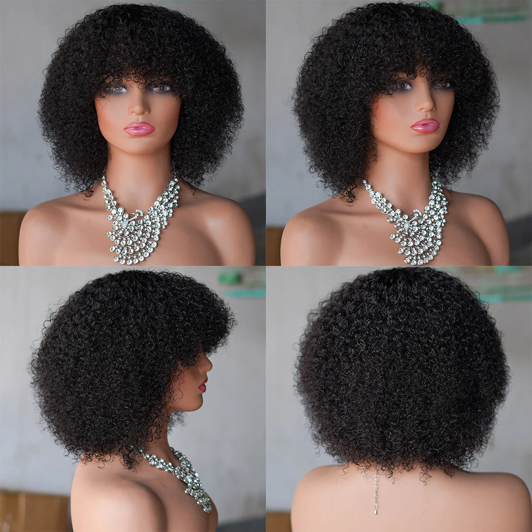 Short Kinky Curly Human Hair Wig With Bangs For Women