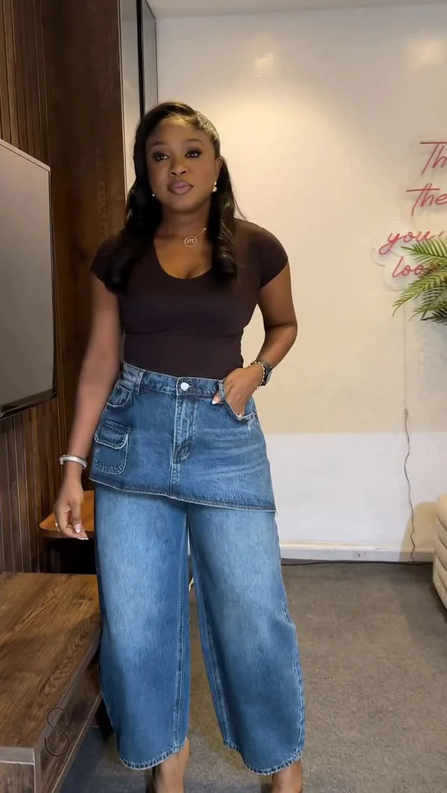 High Waisted Wide Leg Denim Jeans With Detachable Skirt For Women