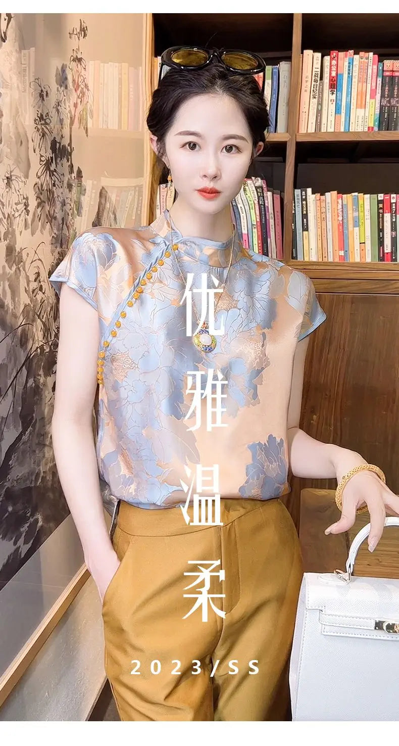 Chinese Inspired Floral Jacquard Satin Blouse For Women