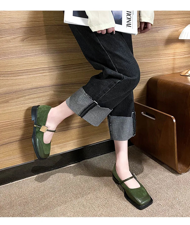 Retro Square Toe Low Heel Mary Jane Shoes for Women
