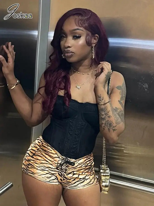 Joskaa Tiger Stripe Print Shorts Women Hipster Sexy Low Rise Bandage Hot Pants 2025 Summer Holiday Party Club Bottoms Streetwear