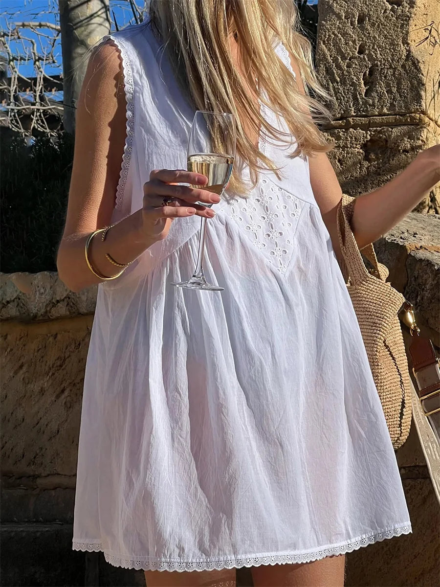 Women Summer Mini Tank Dress Sleeveless Deep V Neck Trendy Floral Eyelet Beach Dress