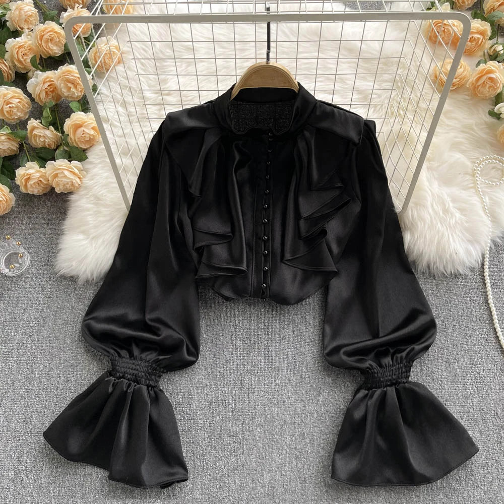 Elegant Satin Ruffle Long Sleeve Blouse for Women