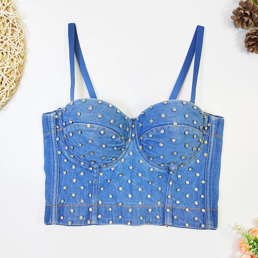 Denim Rhinestone Beaded Spaghetti Strap Bustier for Women