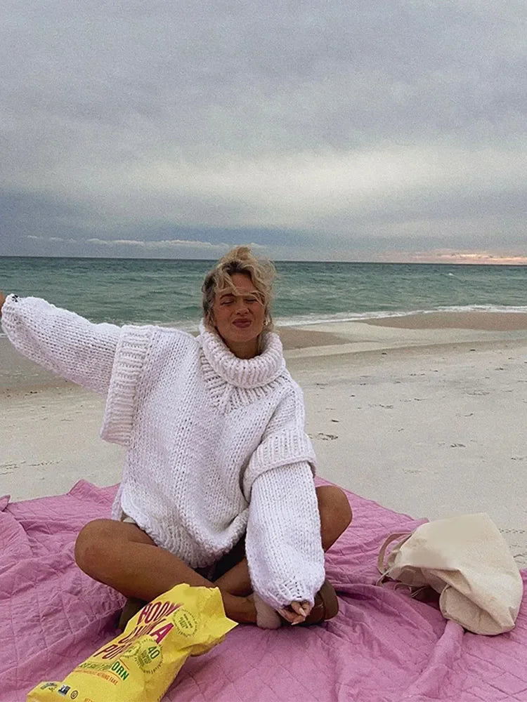 Oversized Knit Turtleneck Sweater With Lantern Sleeves For Women
